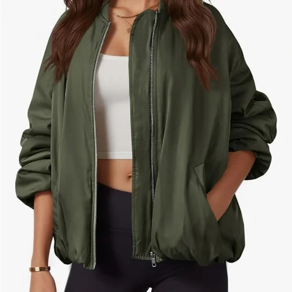 Olive Green Bomber Jacket with Front Zip - Picture 1 of 2